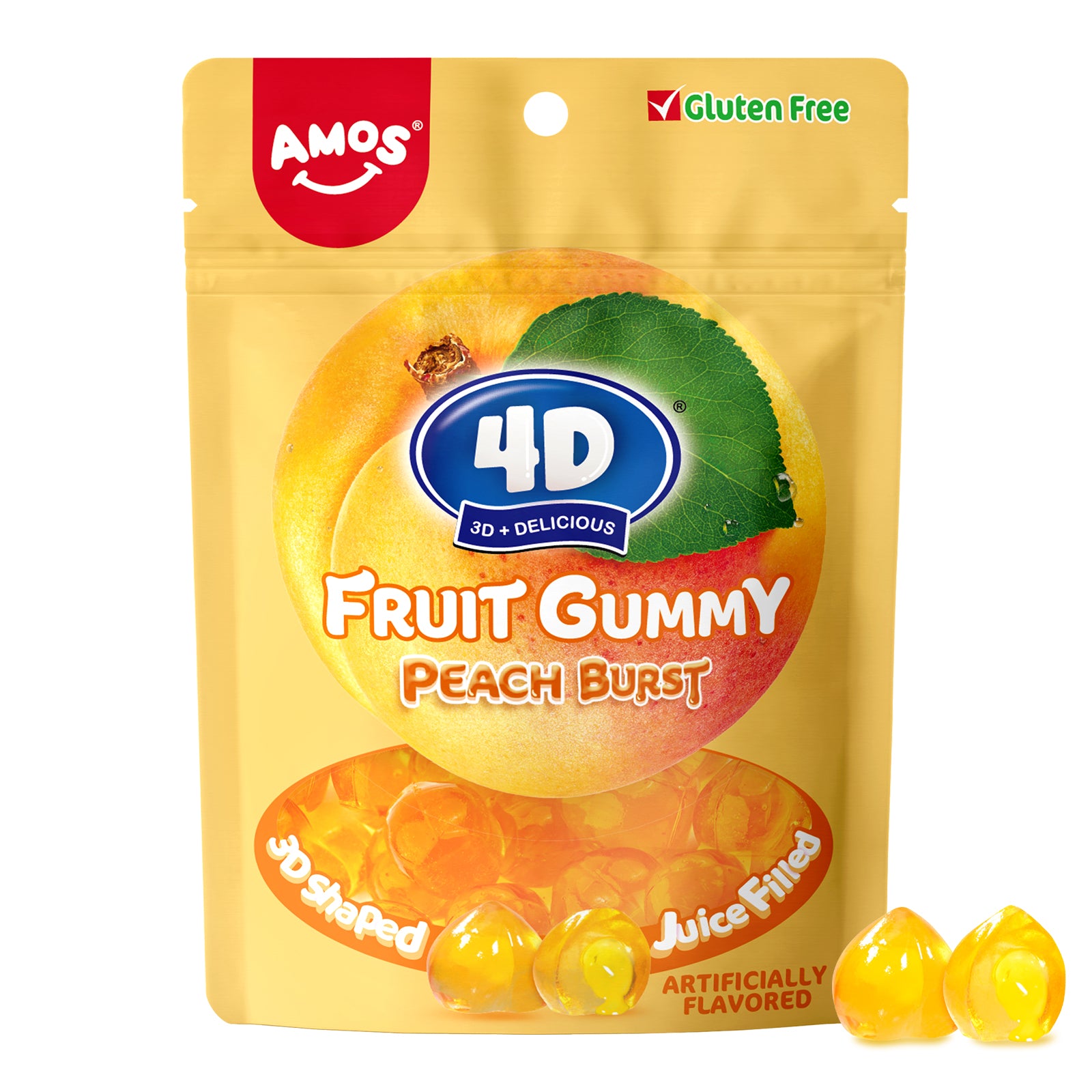 4D Fruit Gummy Yellow Peach Burst Juice Filled 65g bag Amos Sweets