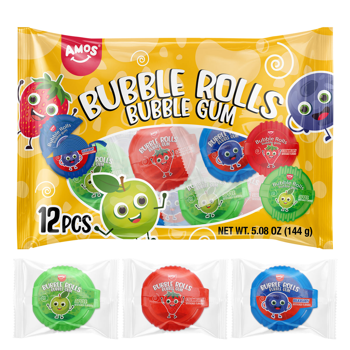 Amos Bubble Rolls Gum - 144g/bag