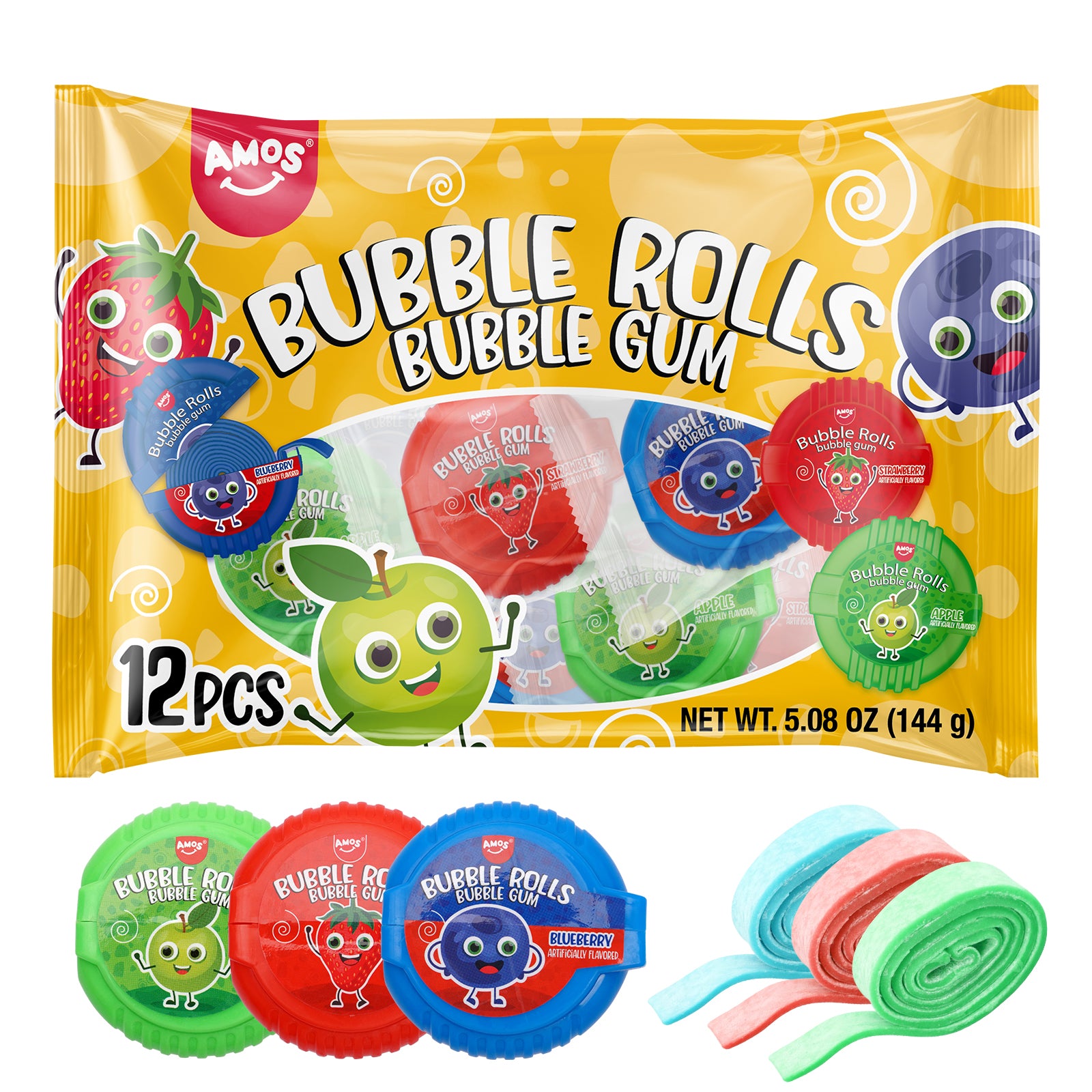 Amos Bubble Rolls Gum - 144g/bag