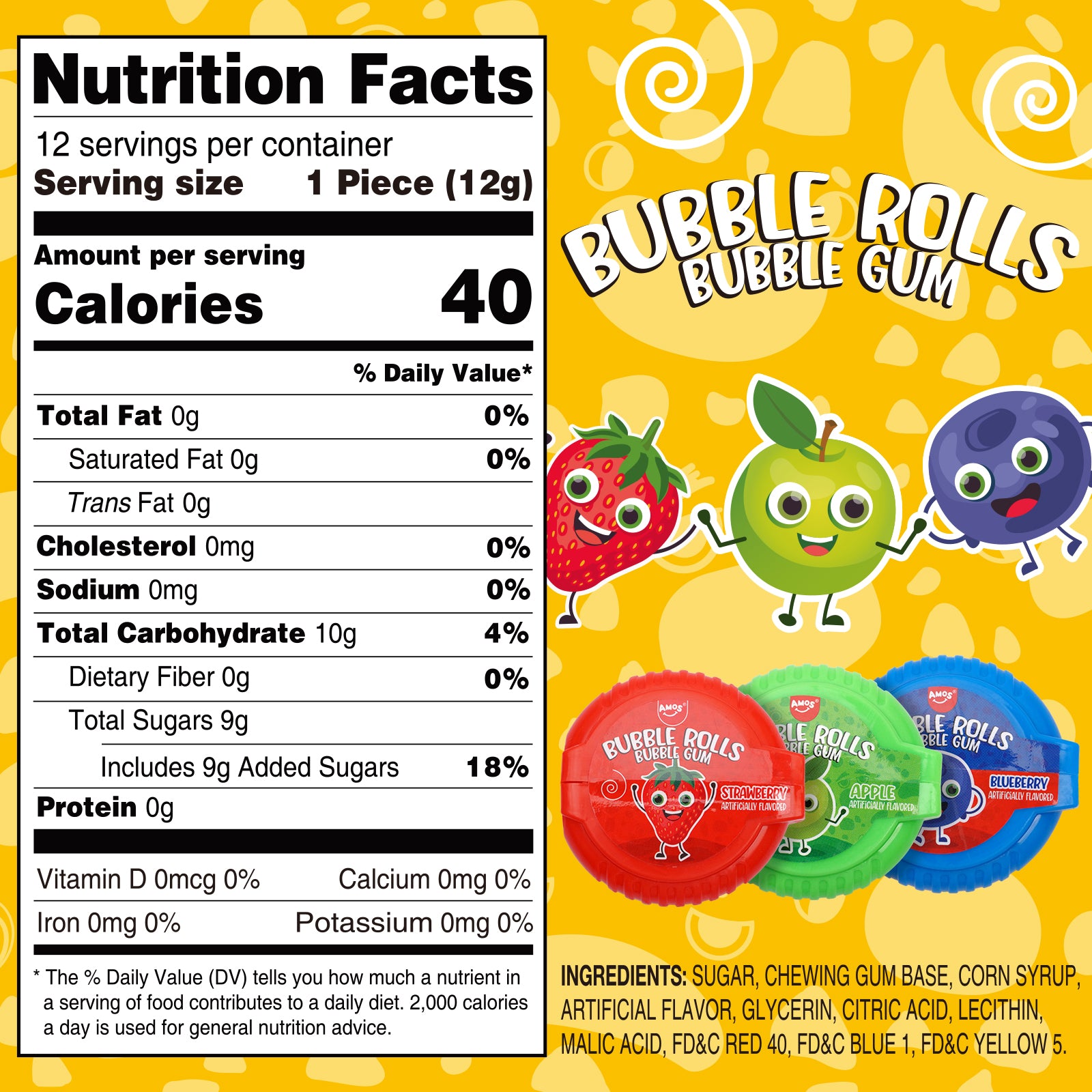 Amos Bubble Rolls Gum - 144g/bag