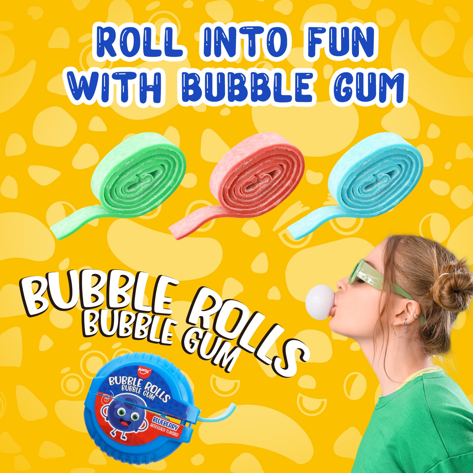 Amos Bubble Rolls Gum - 144g/bag